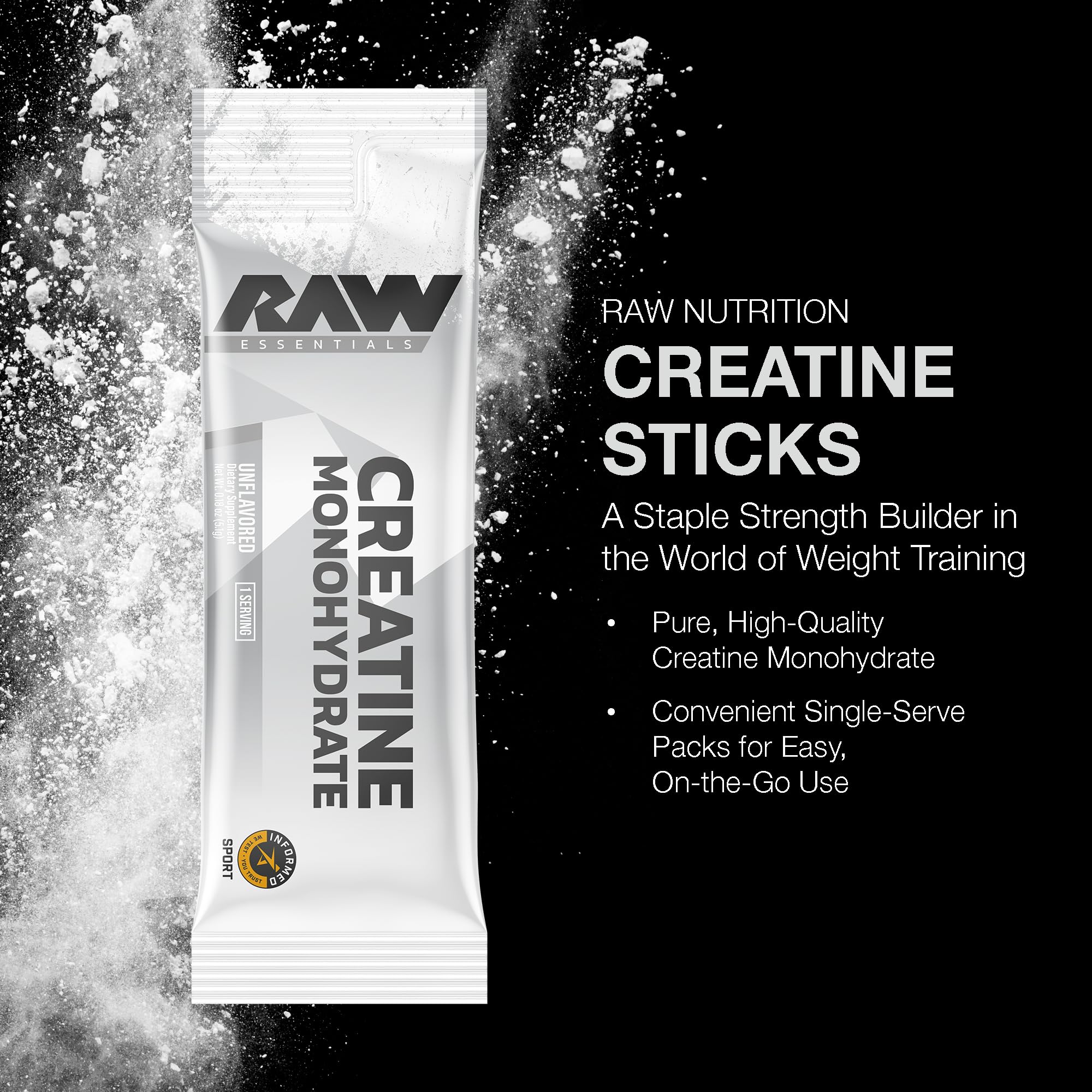RAW Creatine Monohydrate To-Go Stick Pack Opening for quick fueling.