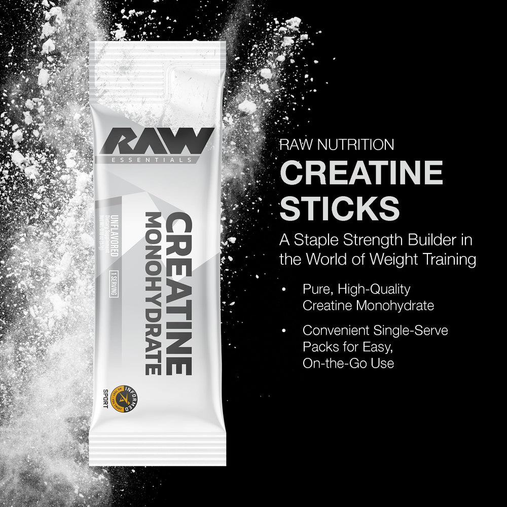 RAW Creatine Monohydrate To-Go Stick Pack Opening for quick fueling.