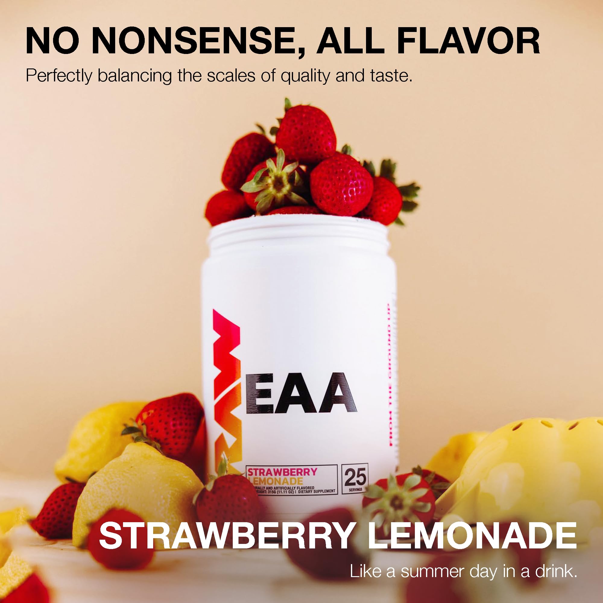 RAW EAA Strawberry Lemonade bottle with label signals premium amino acids for performance.