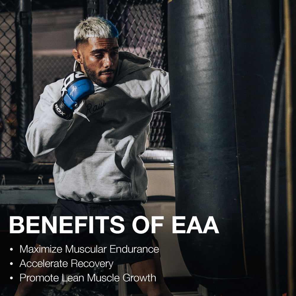 RAW EAA powder on countertop hints at convenient daily supplementation.