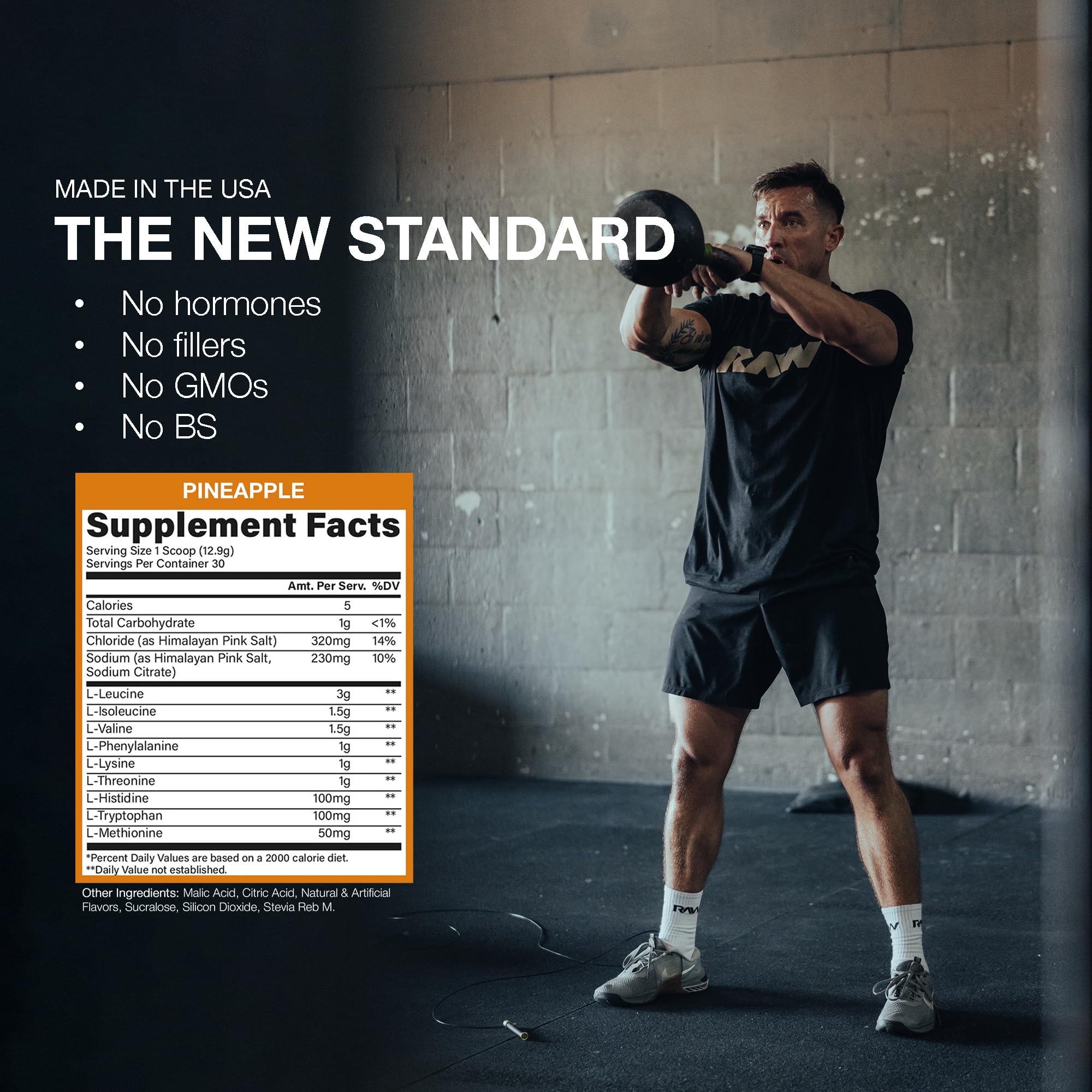 RAW EAA Plus hydration blend illustration emphasizes electrolytes during workouts