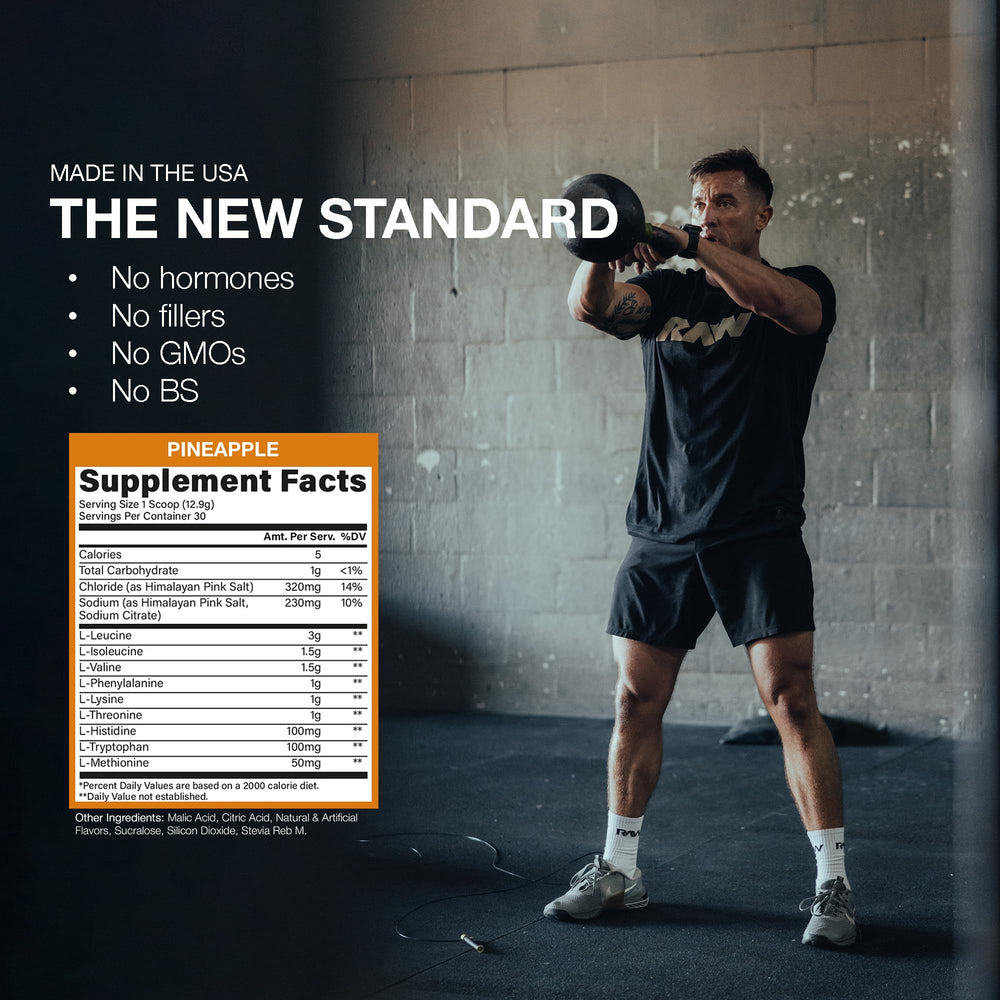 RAW EAA Plus hydration blend illustration emphasizes electrolytes during workouts