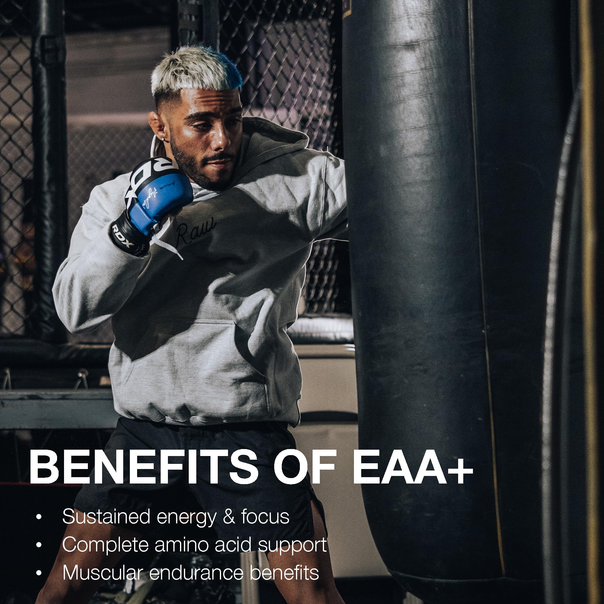 RAW EAA Plus pineapple bottle front shows premium USA-made formula