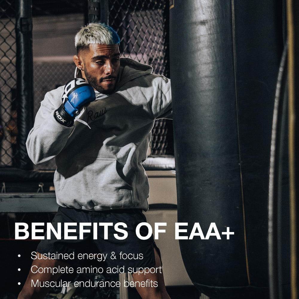 RAW EAA Plus pineapple bottle front shows premium USA-made formula