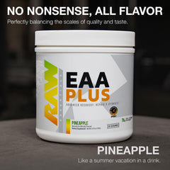 RAW EAA Plus pineapple powder in glass suggests fast hydration