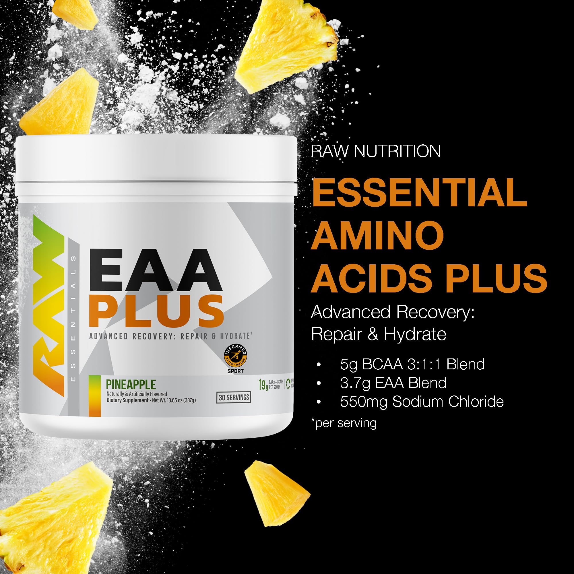 RAW EAA Plus pineapple scoop dissolving in water for quick mixing