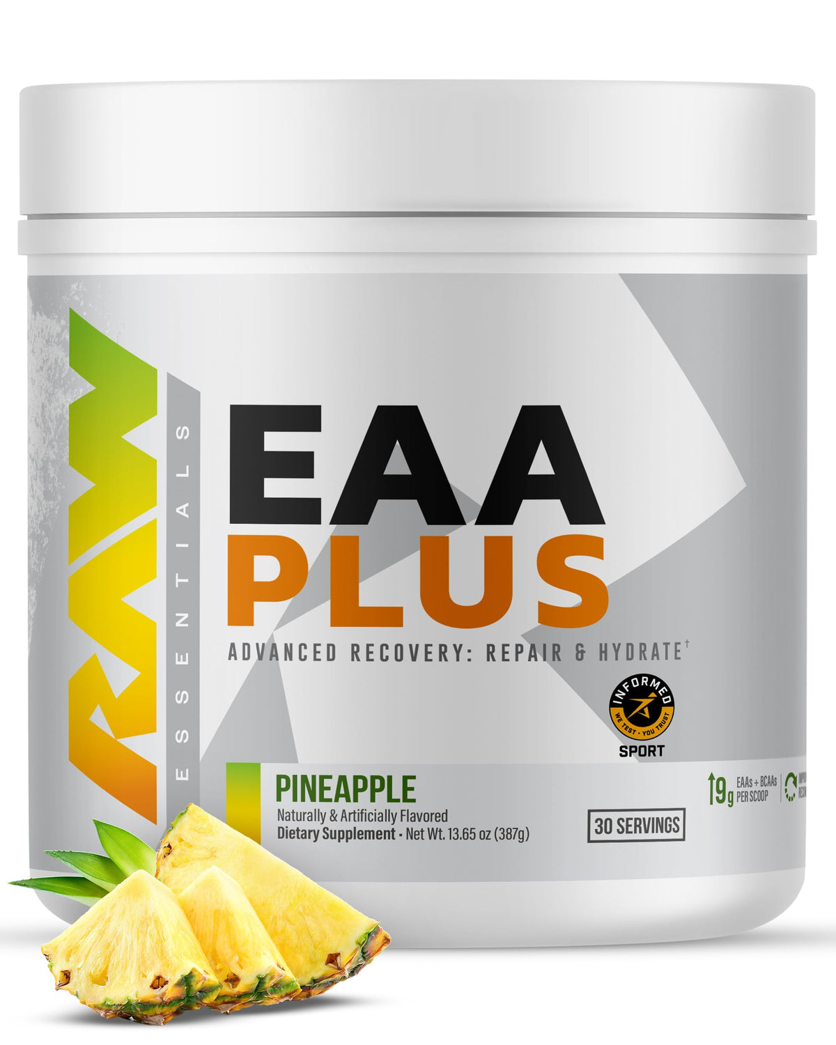 RAW EAA Plus pineapple tub label highlights complete amino acid formula