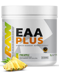 RAW EAA Plus pineapple tub label highlights complete amino acid formula