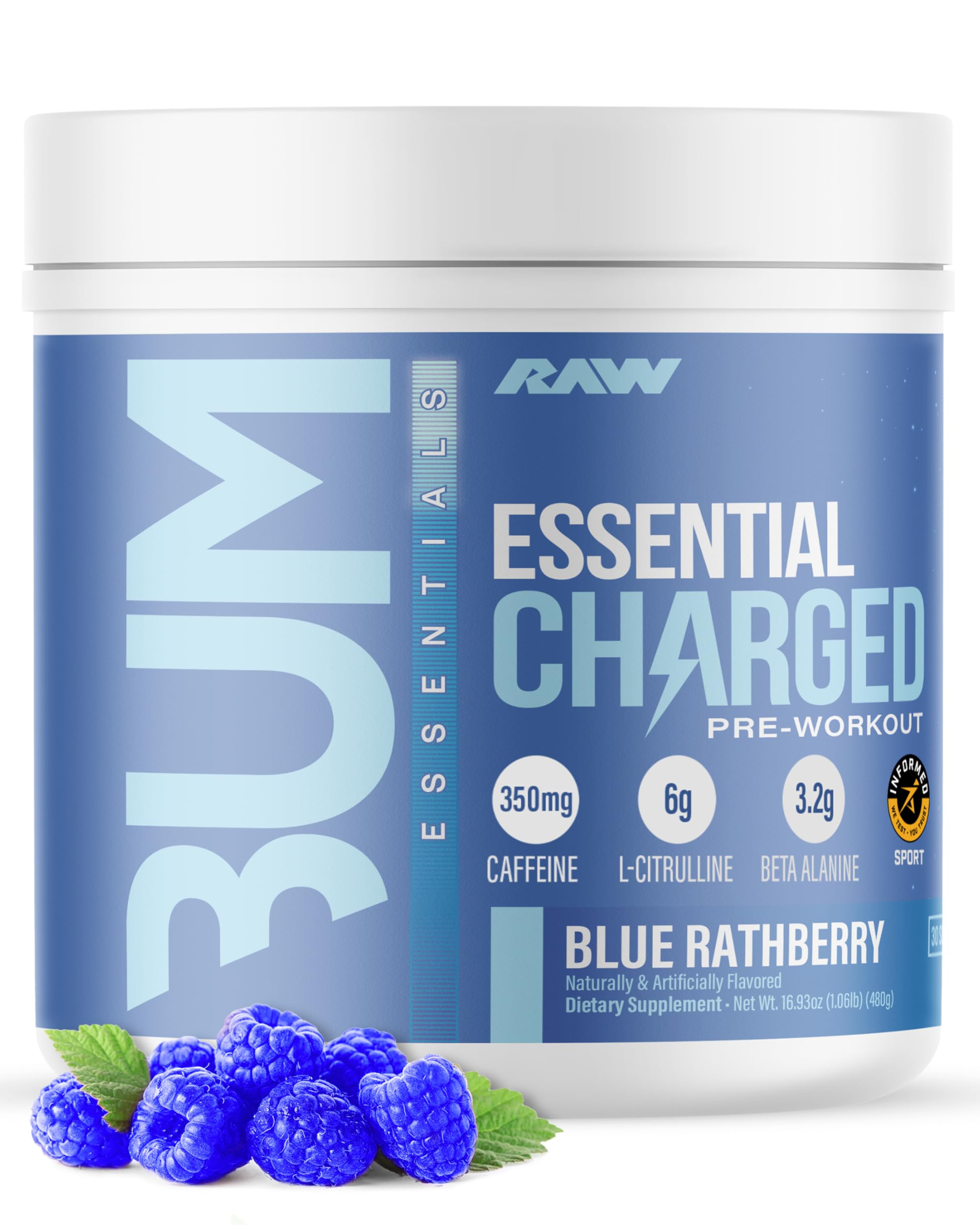 RAW Essential CHARGED pre-workout tub on gym bench, boosts focus for workouts.