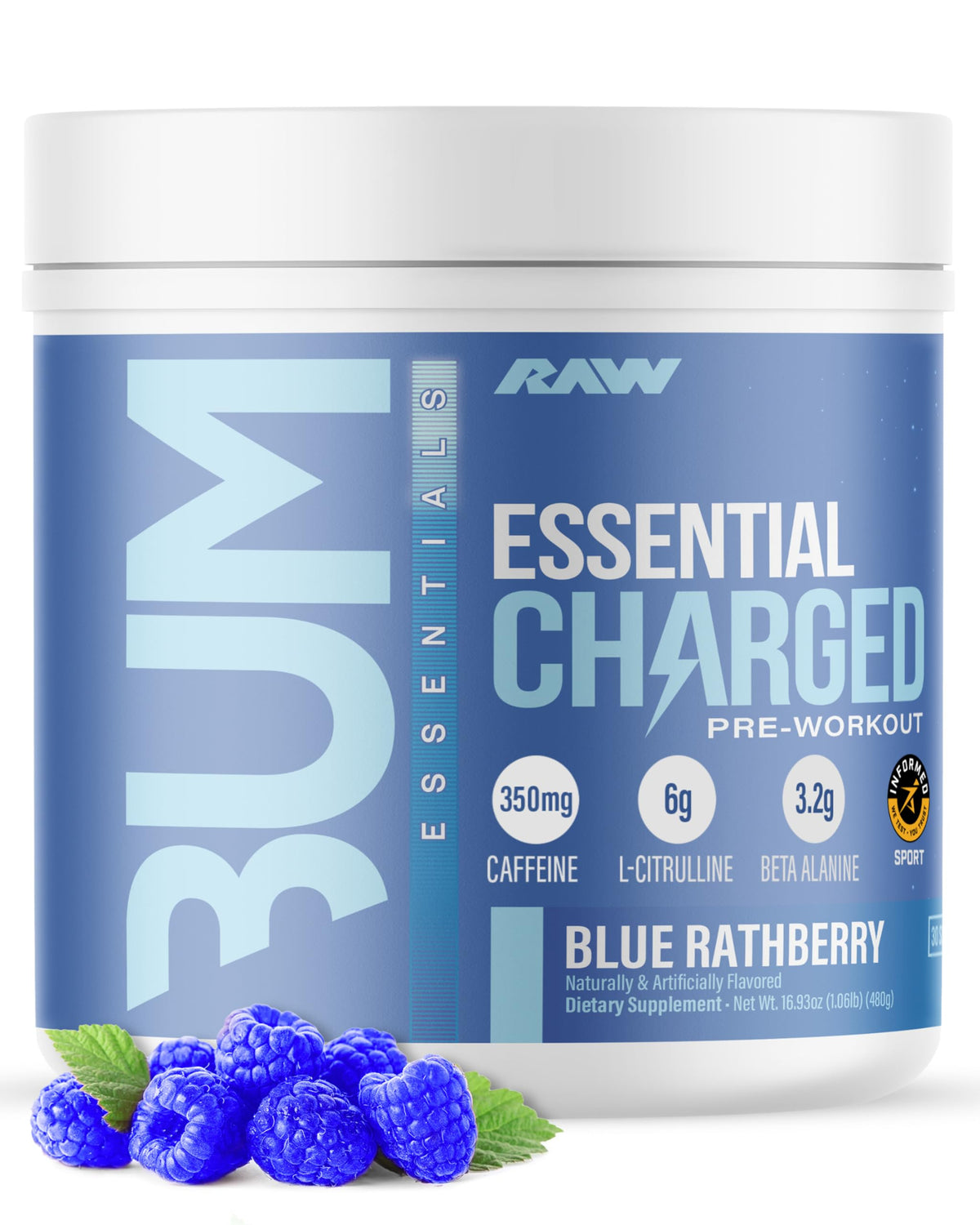 RAW Essential CHARGED pre-workout tub on gym bench, boosts focus for workouts.