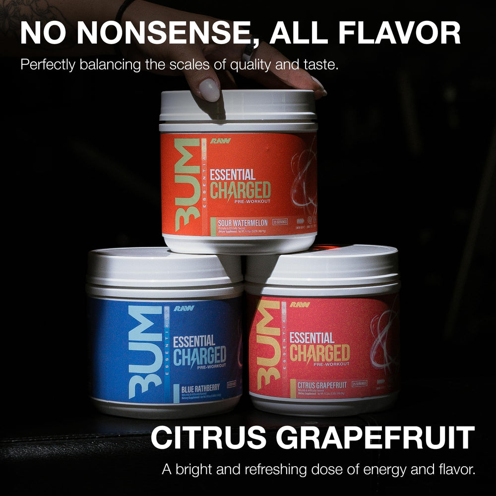 RAW Essential Charged citrus grapefruit powder being poured for quick energy