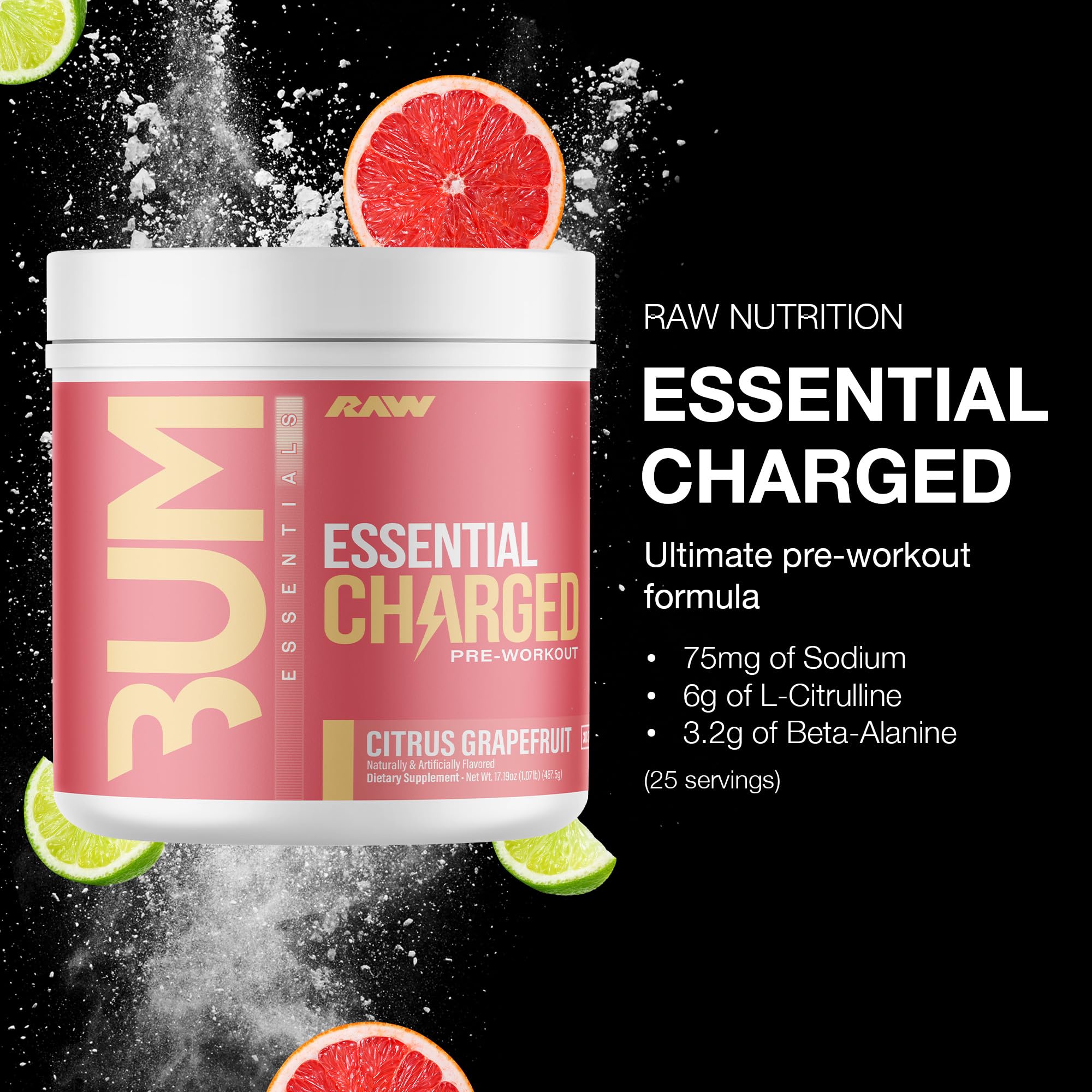 RAW Essential Charged citrus grapefruit tub highlighting premium formula