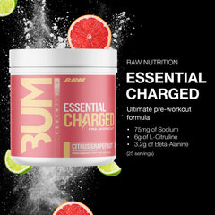 RAW Essential Charged citrus grapefruit tub highlighting premium formula