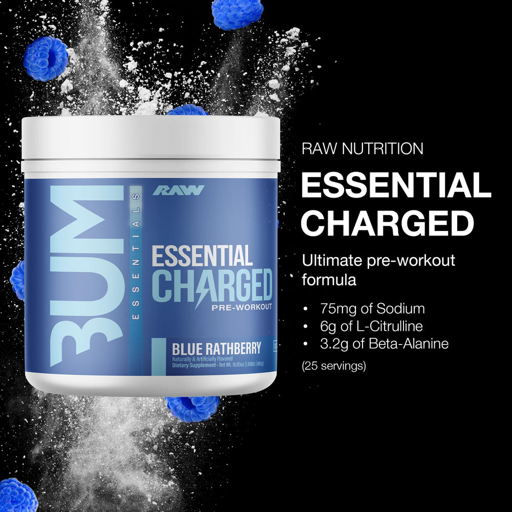 RAW Essential CHARGED powder scoop beside water, ready to energize workouts.