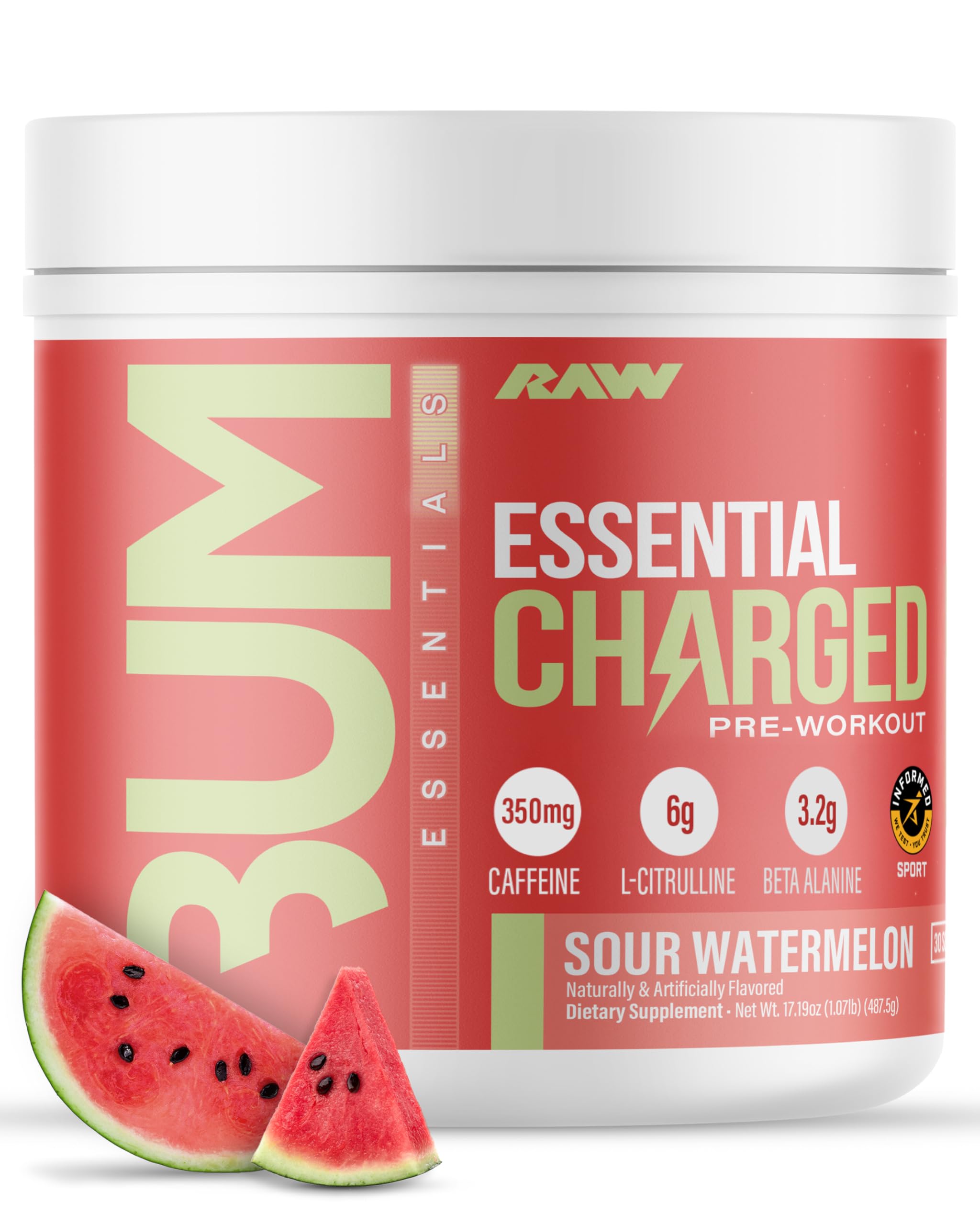 RAW Essential CHARGED Sour Watermelon tub for focused energy and endurance.