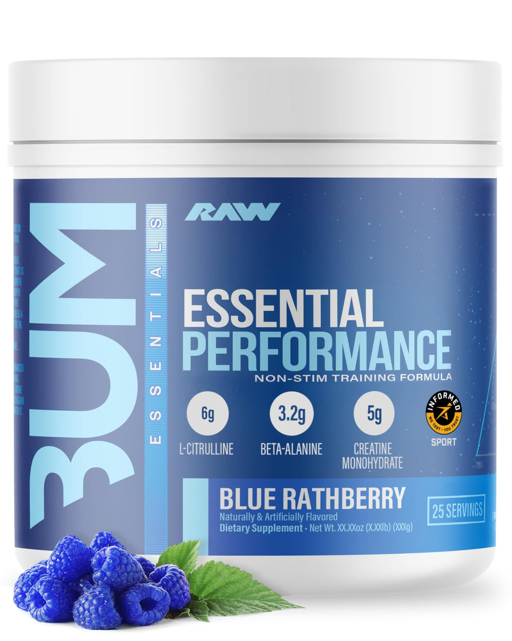 RAW Essential Performance blue raspberry bottle promotes caffeine-free workouts and focus.