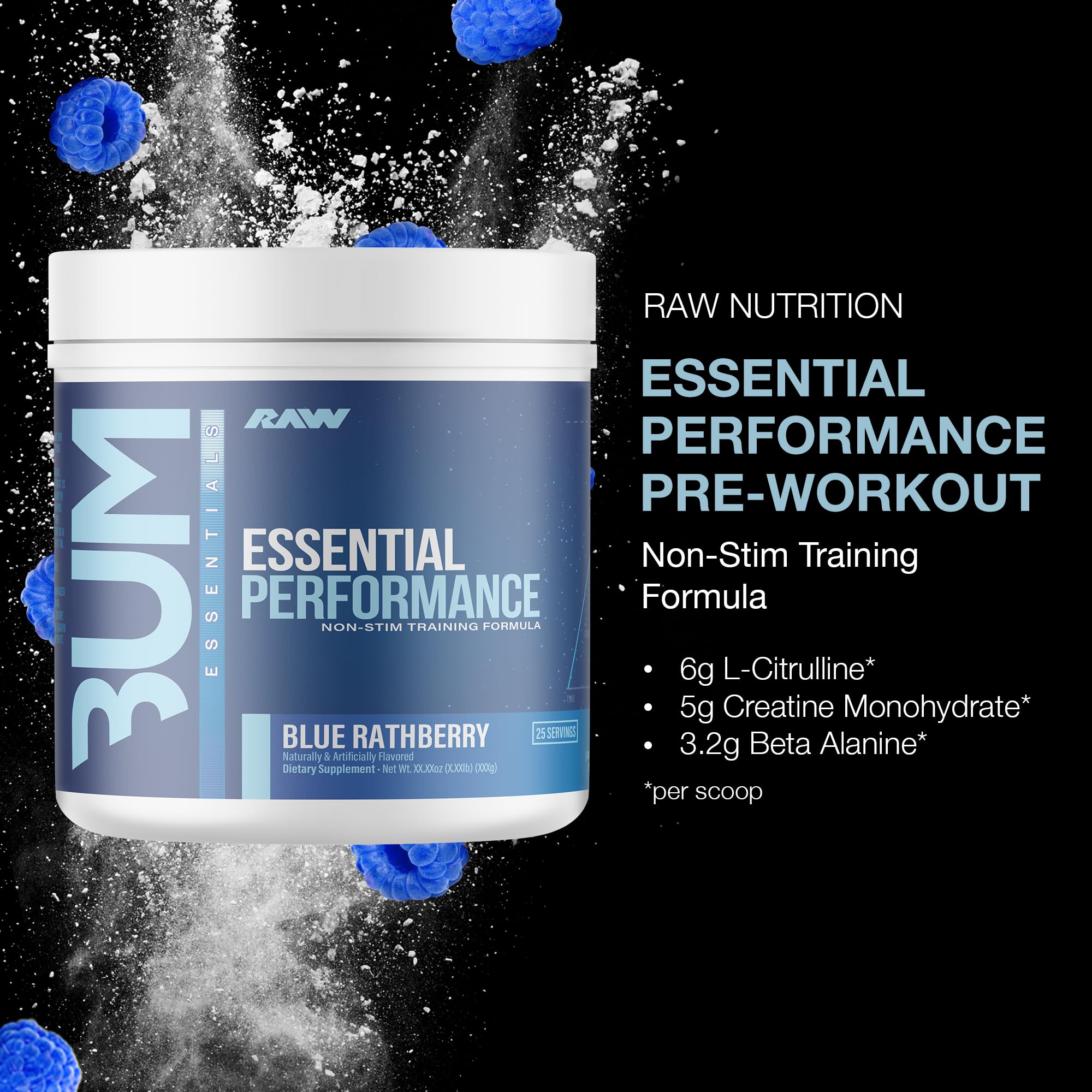 RAW Essential Performance blue raspberry scoop shows precise 5 g creatine per serving.