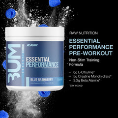 RAW Essential Performance blue raspberry scoop shows precise 5 g creatine per serving.