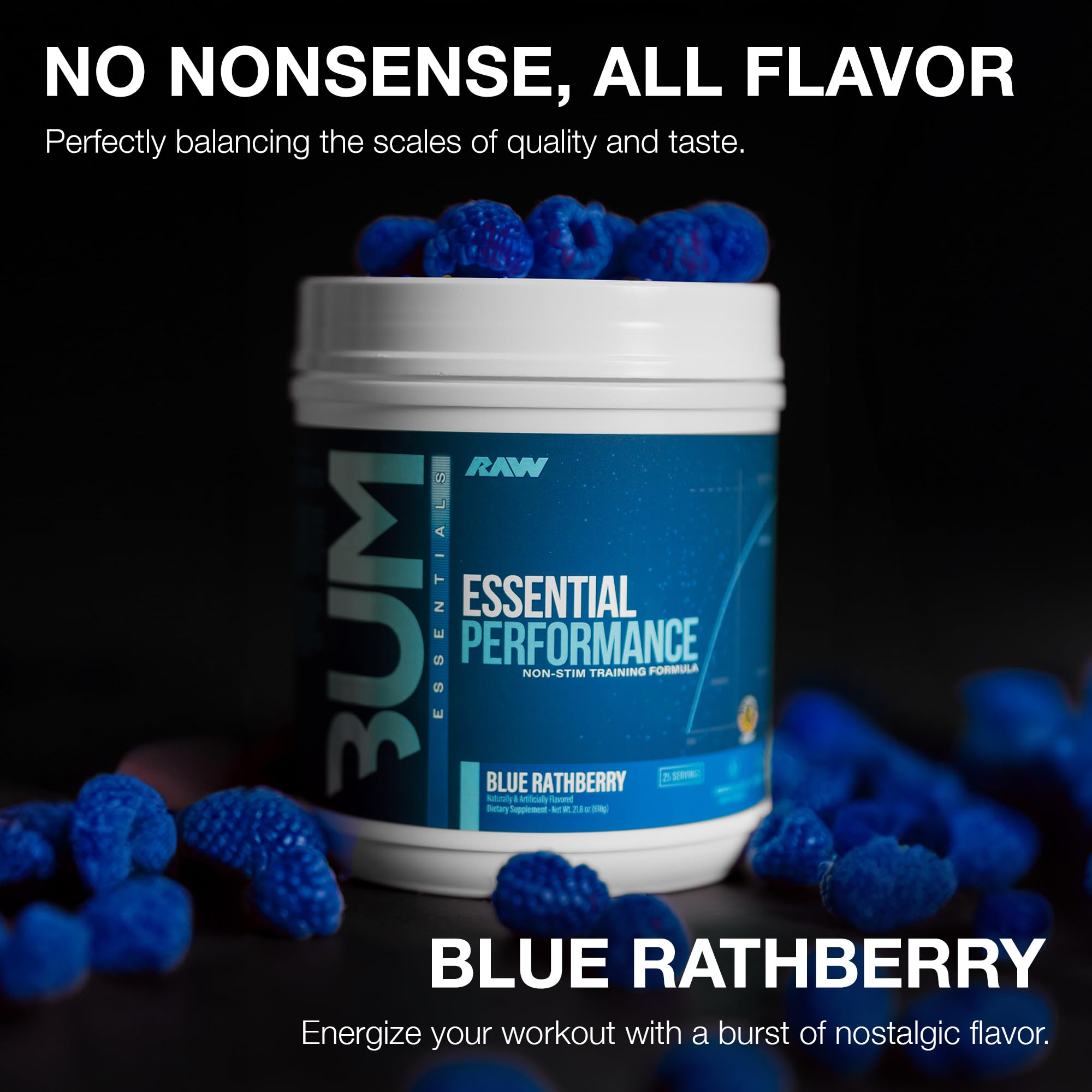 RAW Essential Performance ingredients panel highlights L-Citrulline and Beta Alanine.