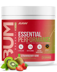 RAW Essential Performance strawberry kiwi tub for caffeine-free pre-workout energy.