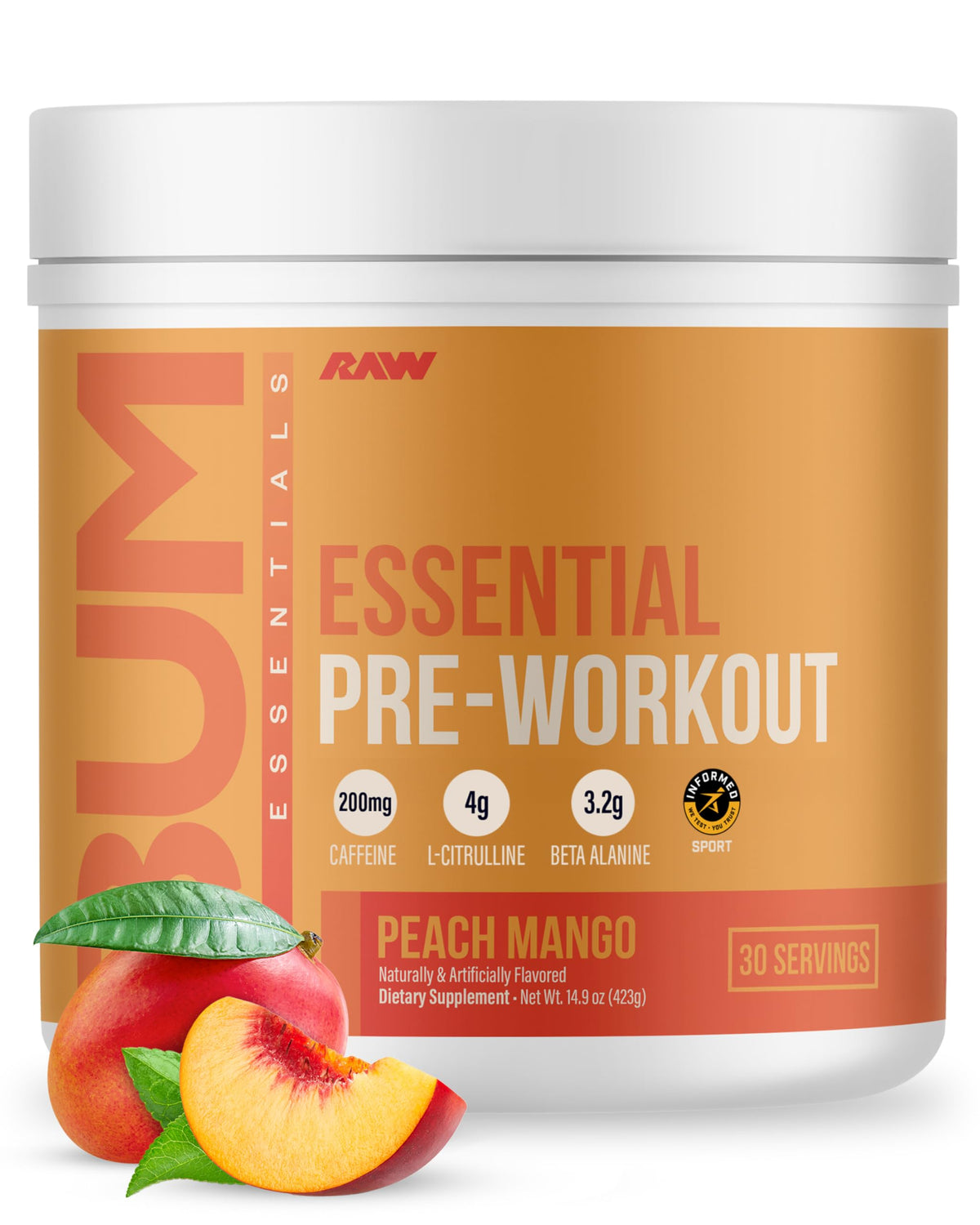 RAW Essential Pre Peach Mango bottle showing flavor and ingredient highlights