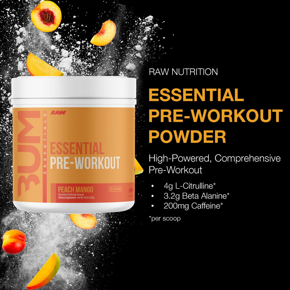 RAW Essential Pre Peach Mango label highlighting key nutrients and no artificial ingredients