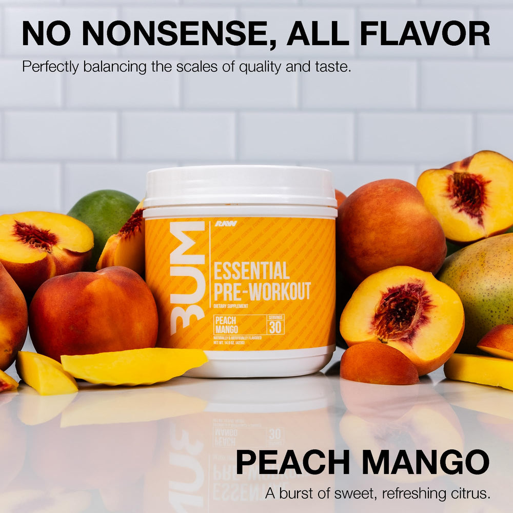 RAW Essential Pre Peach Mango scoop beside a measuring cup for serving convenience