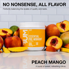 RAW Essential Pre Peach Mango scoop beside a measuring cup for serving convenience