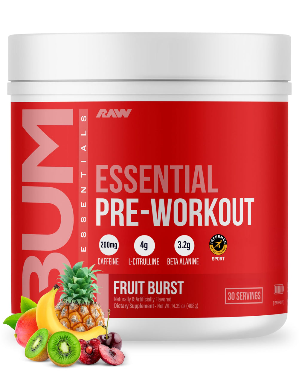 RAW Fruit Burst front label highlighting flavor and energy for workouts