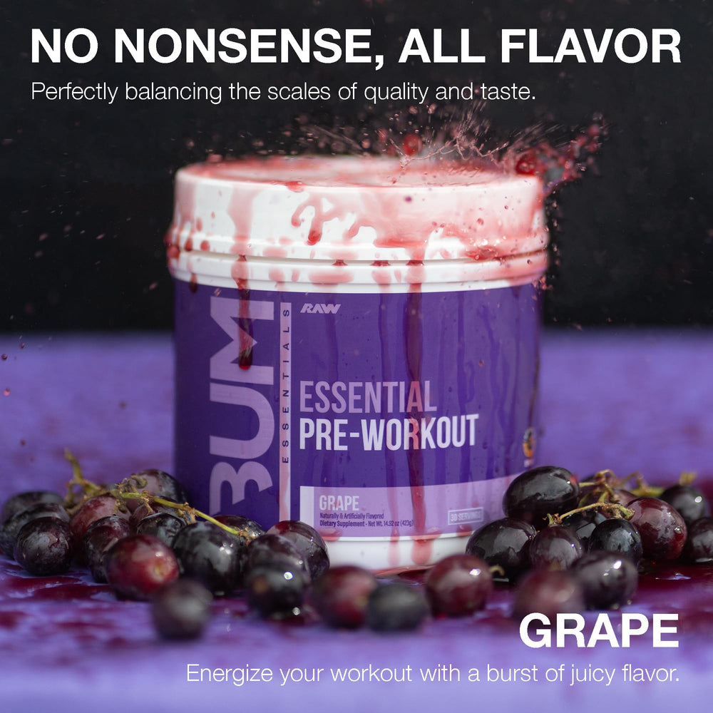 RAW Essential Pre-Workout grape label front highlighting ingredients