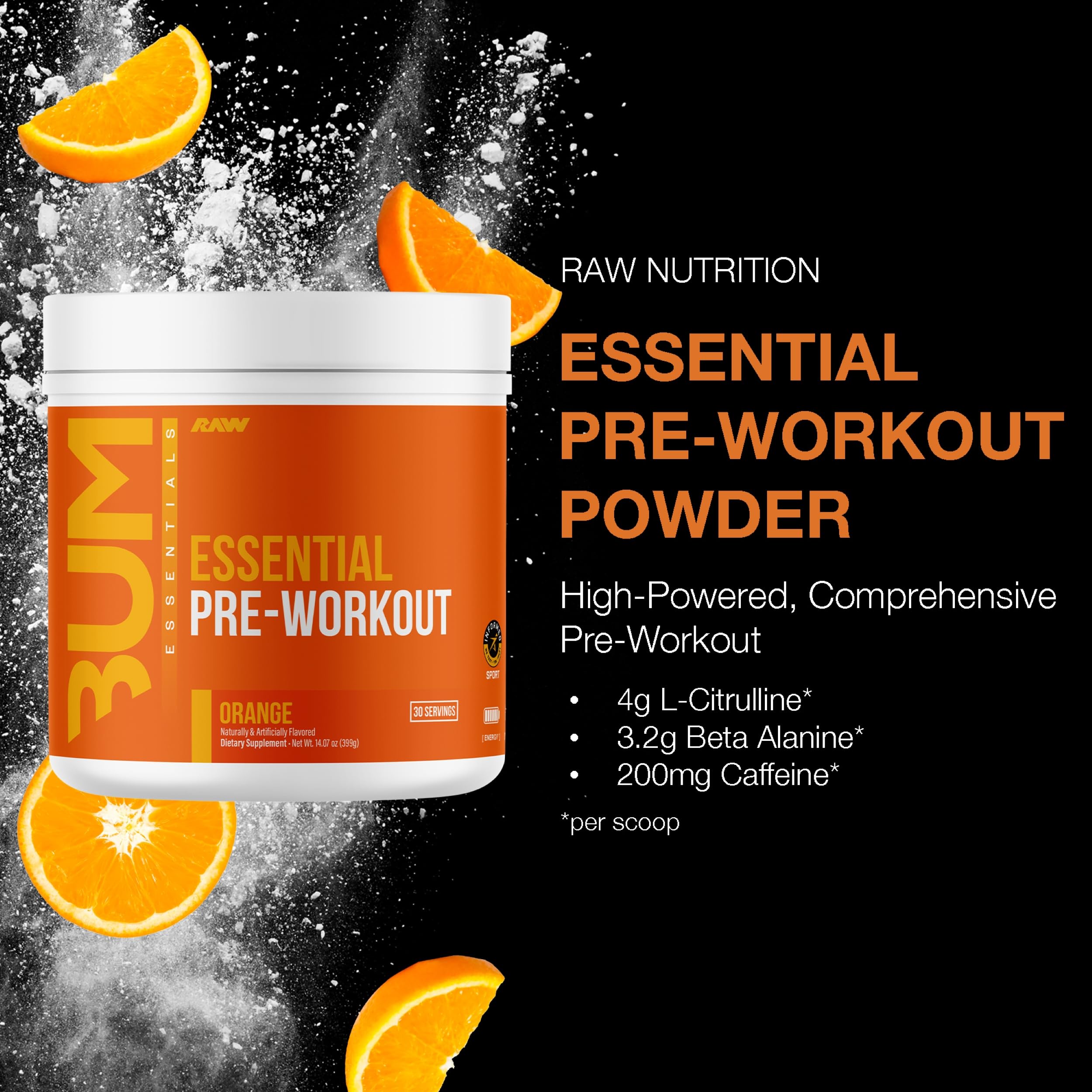 RAW Essential Pre-Workout Orange label close-up highlighting ingredients