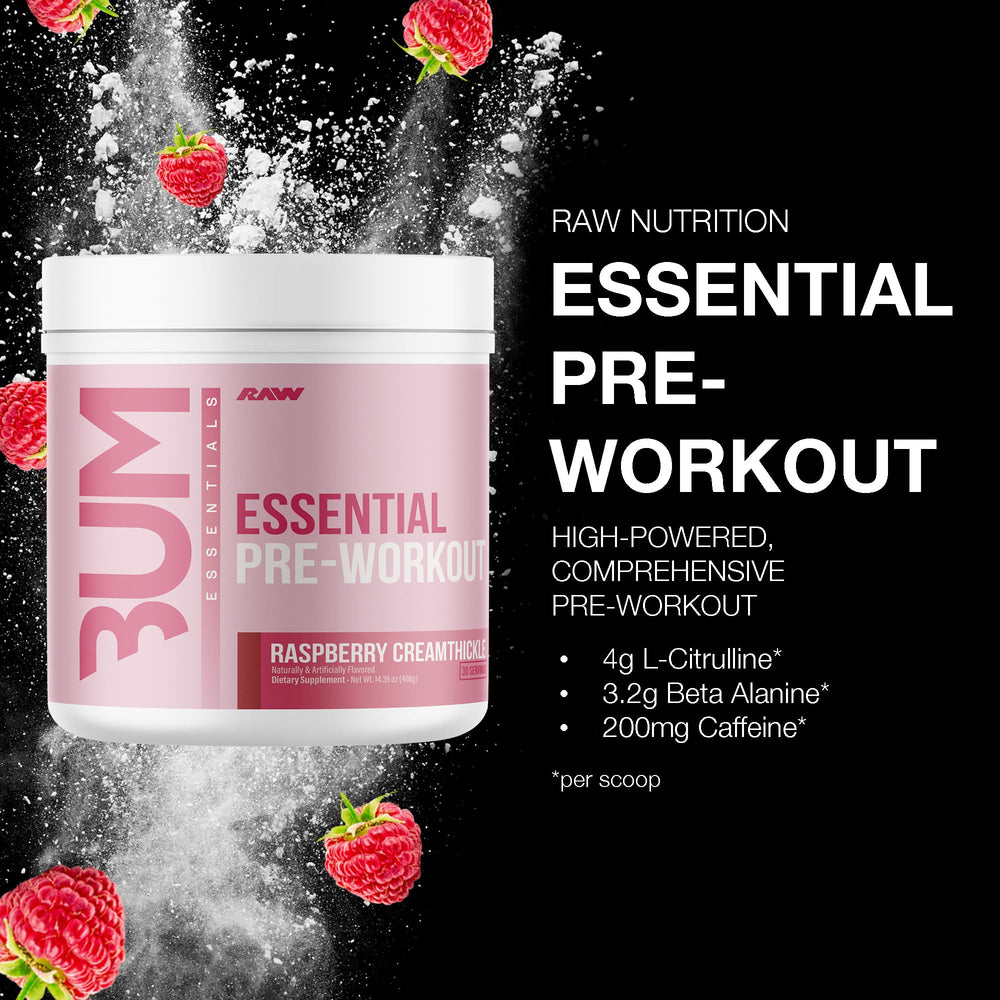 RAW Essential Pre-Workout Raspberry Creamthickle label closeup highlighting key ingredients.