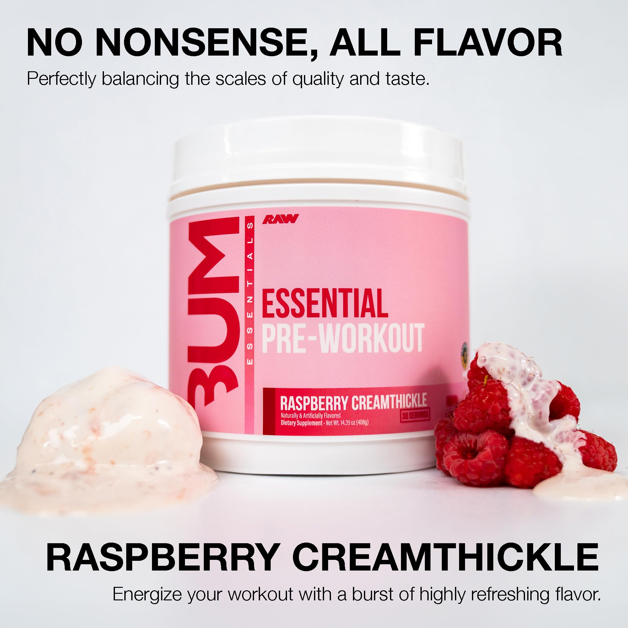 RAW Essential Pre-Workout scoop dispensing powder for quick pre-workout boost.