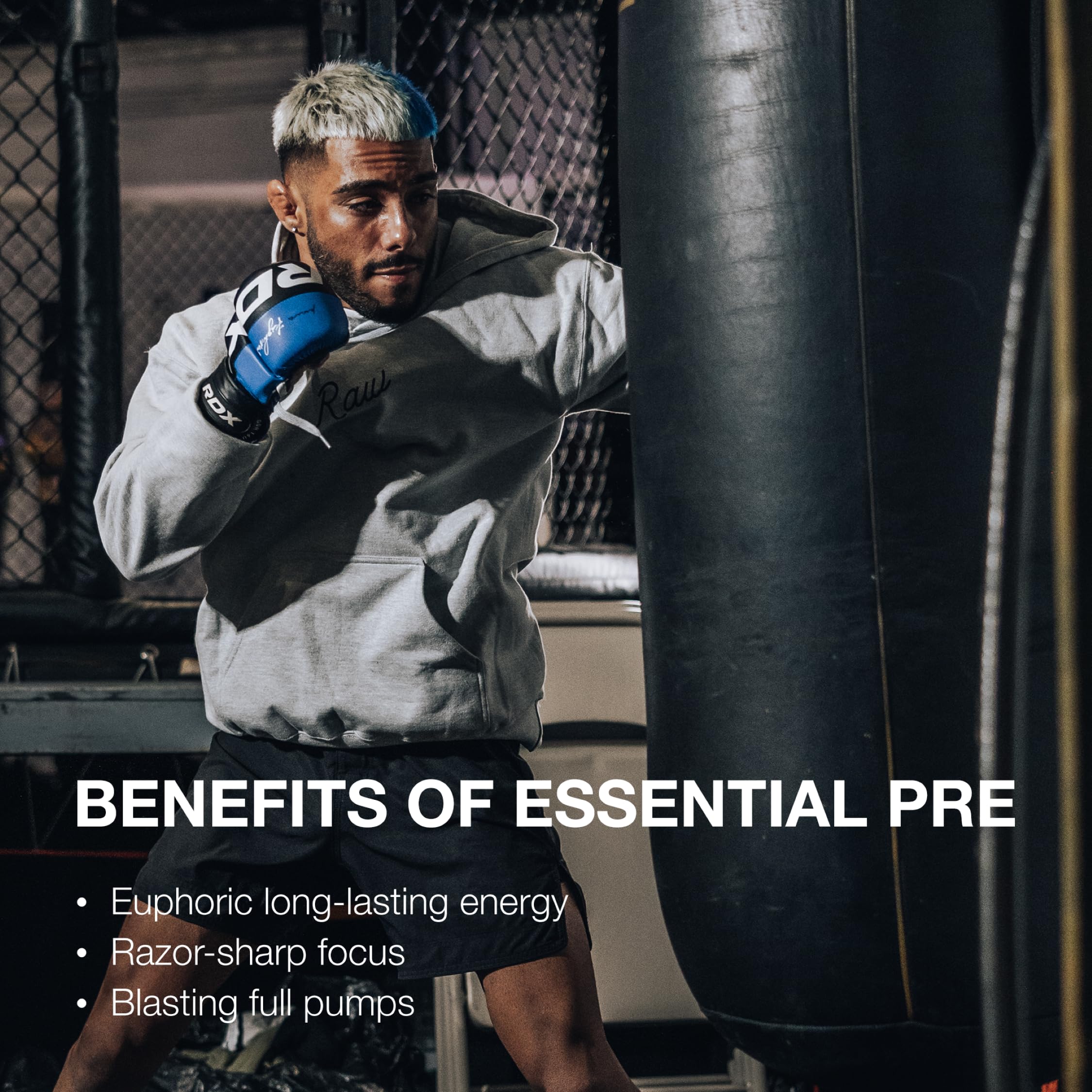 Packaging of RAW Essential Pre-Workout Sour Watermelon with USA-made badge
