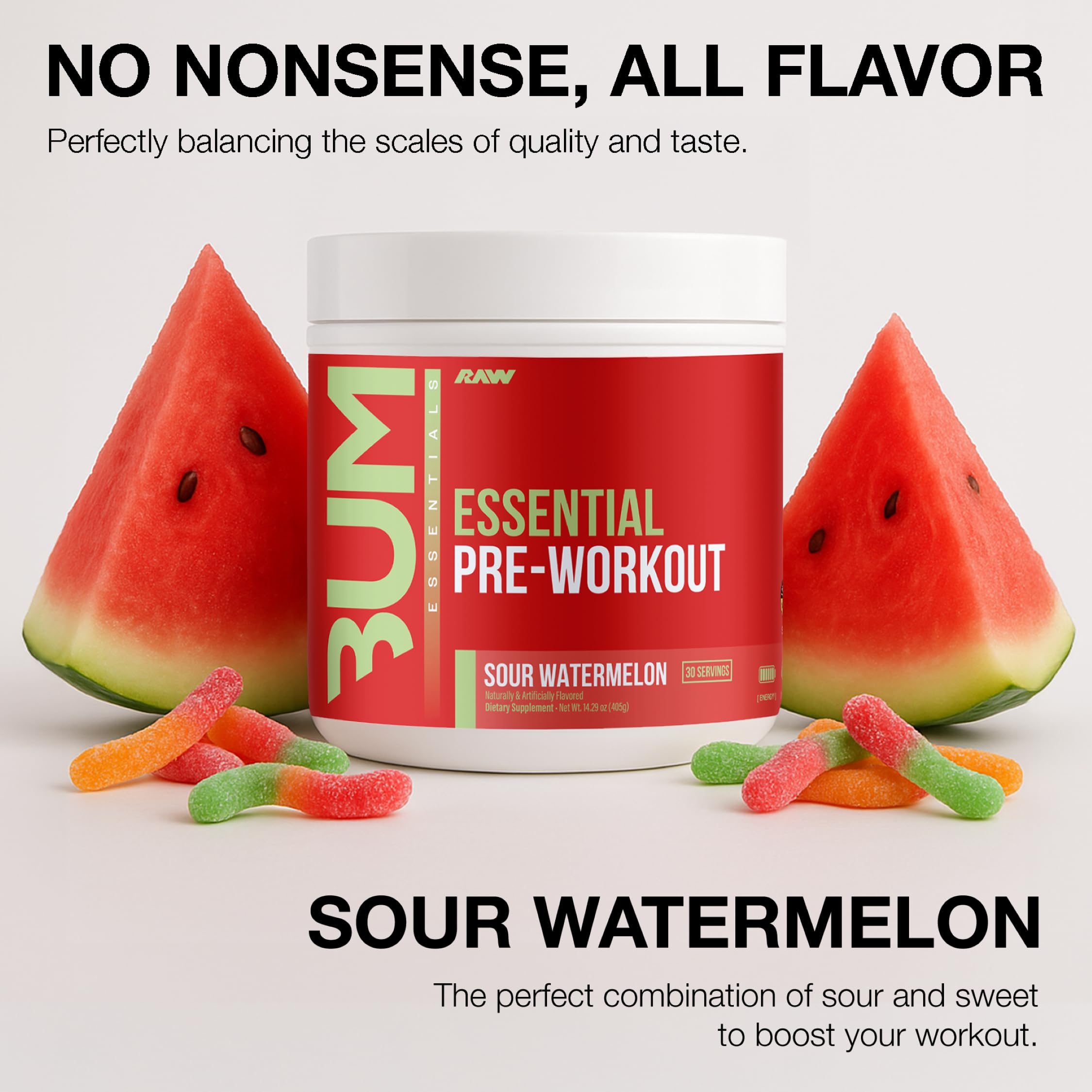 Powder from RAW Essential Pre-Workout Sour Watermelon ready to mix for focus