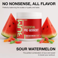 Powder from RAW Essential Pre-Workout Sour Watermelon ready to mix for focus