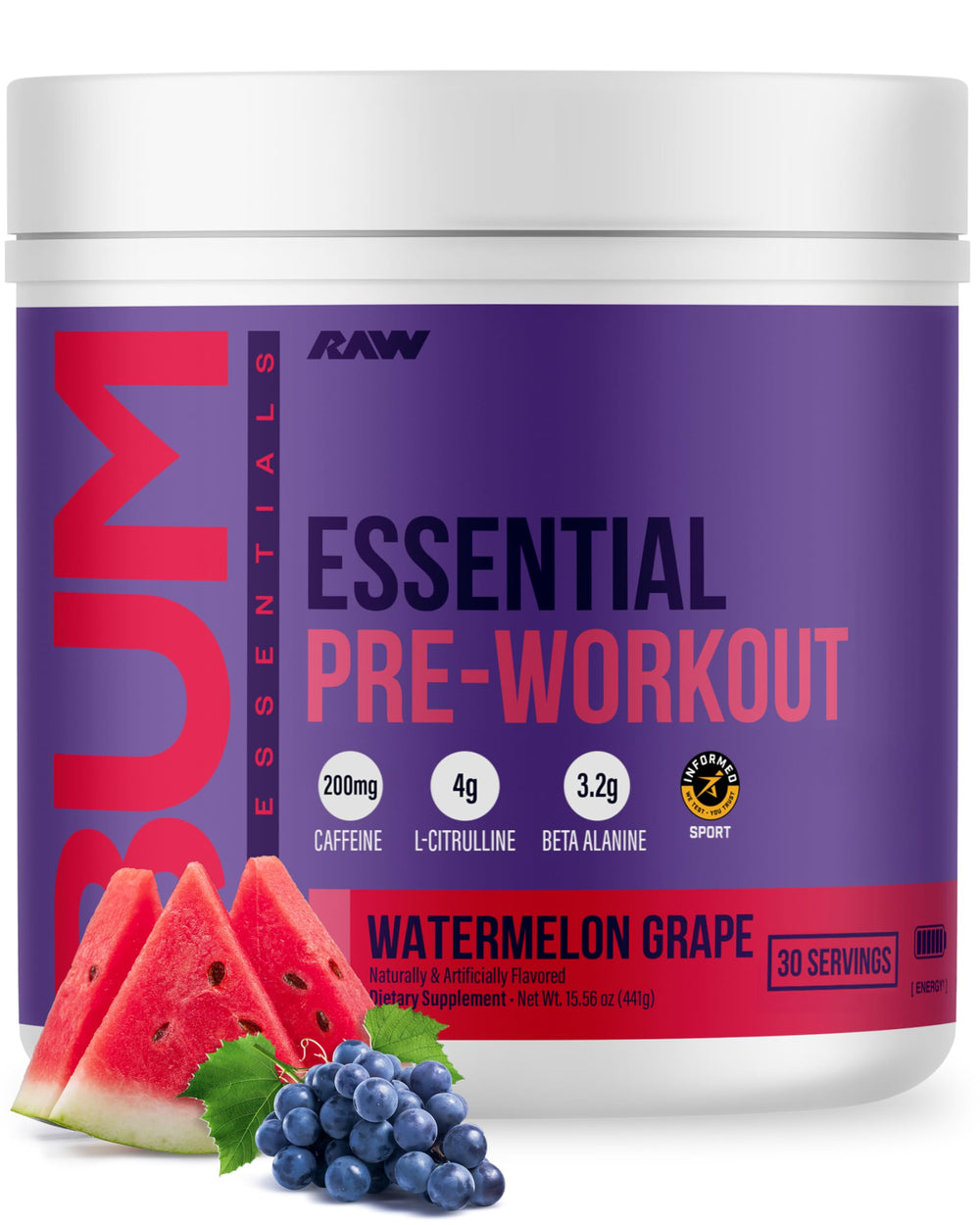 RAW Essential Pre-Workout bottle with Watermelon Grape flavor for a clean energy boost