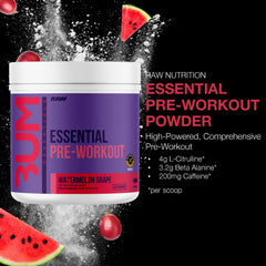 RAW Essential Pre-Workout tub displaying L-Citrulline and caffeine ingredients
