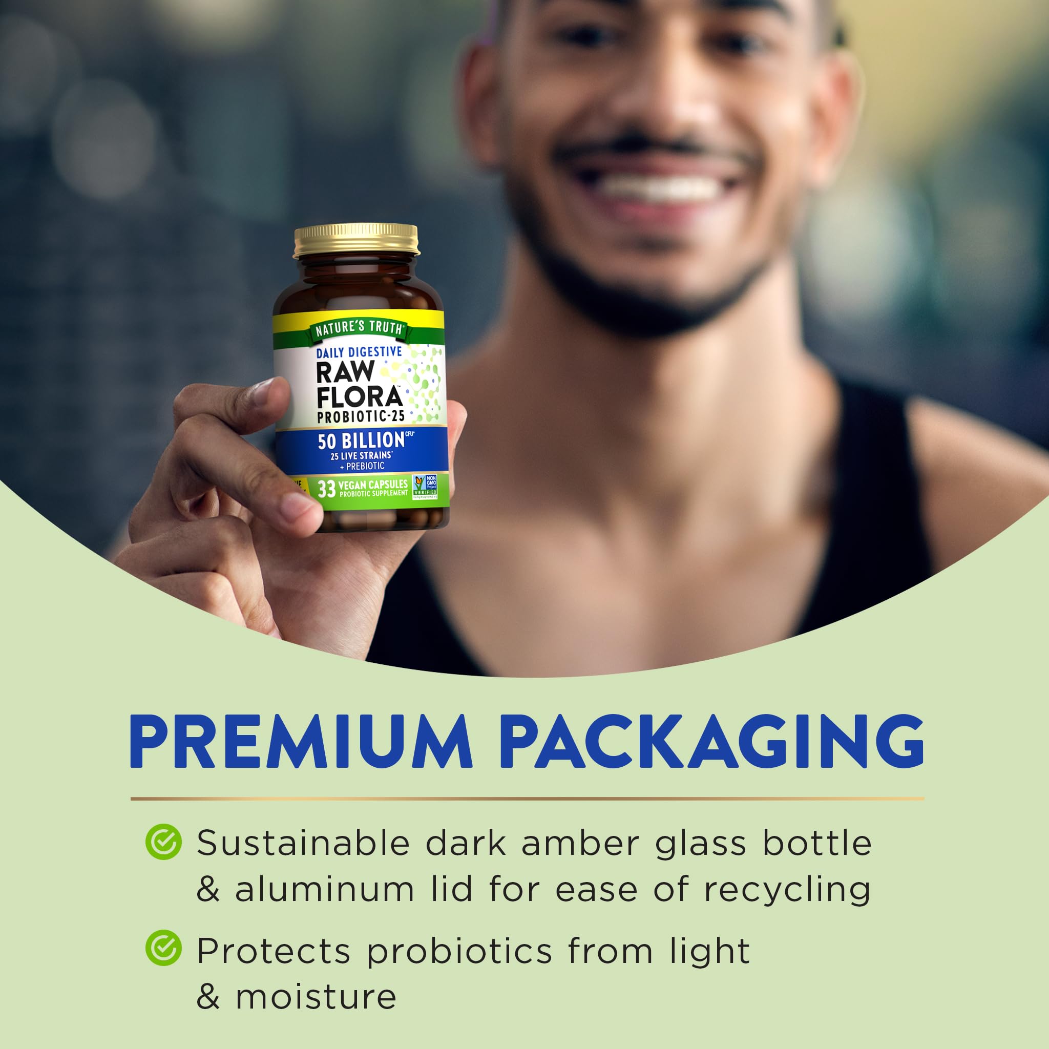 Raw Flora with 25 probiotic strains for diverse gut support.
