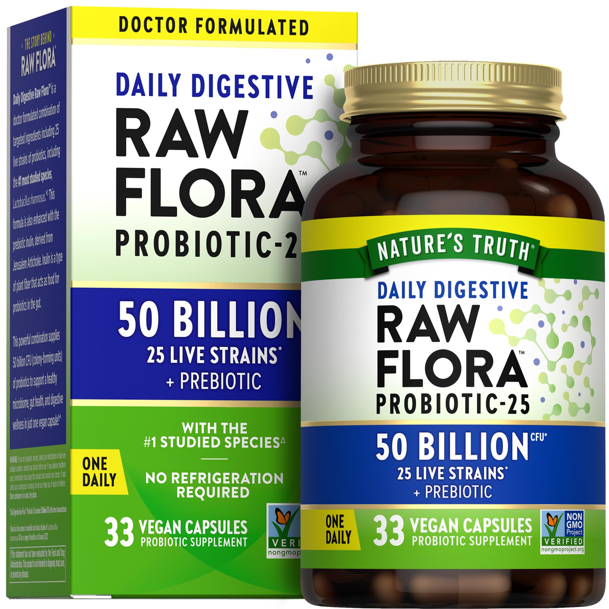 Raw Flora probiotics amber glass bottle protecting live cultures and freshness.