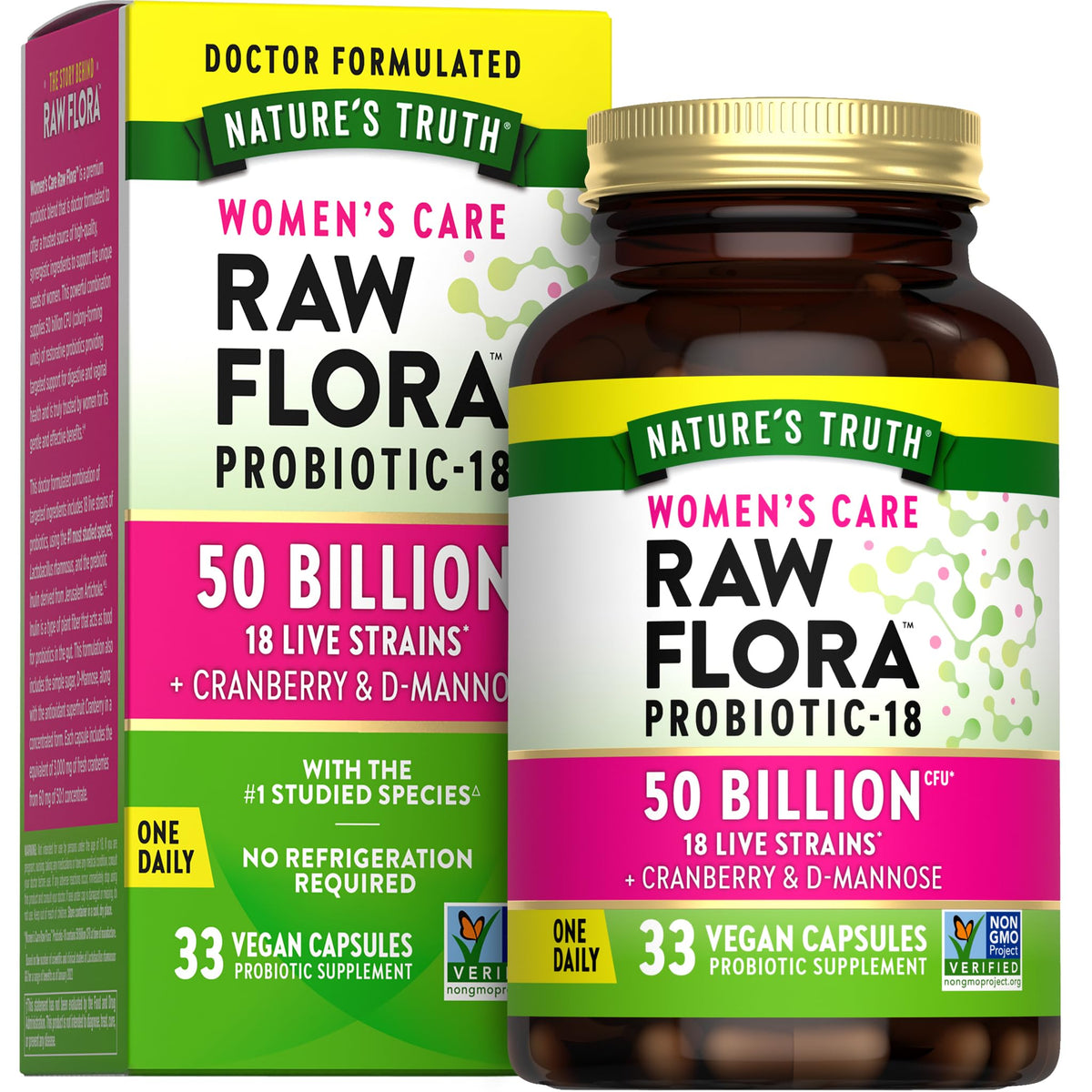 Raw Flora Probiotics Women bottle supports gut and vaginal health with 50B CFU.