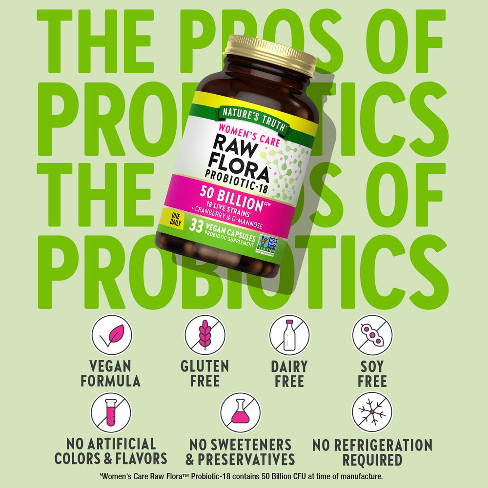 Raw Flora vegan non-gmo gluten-free badge visible on bottle.