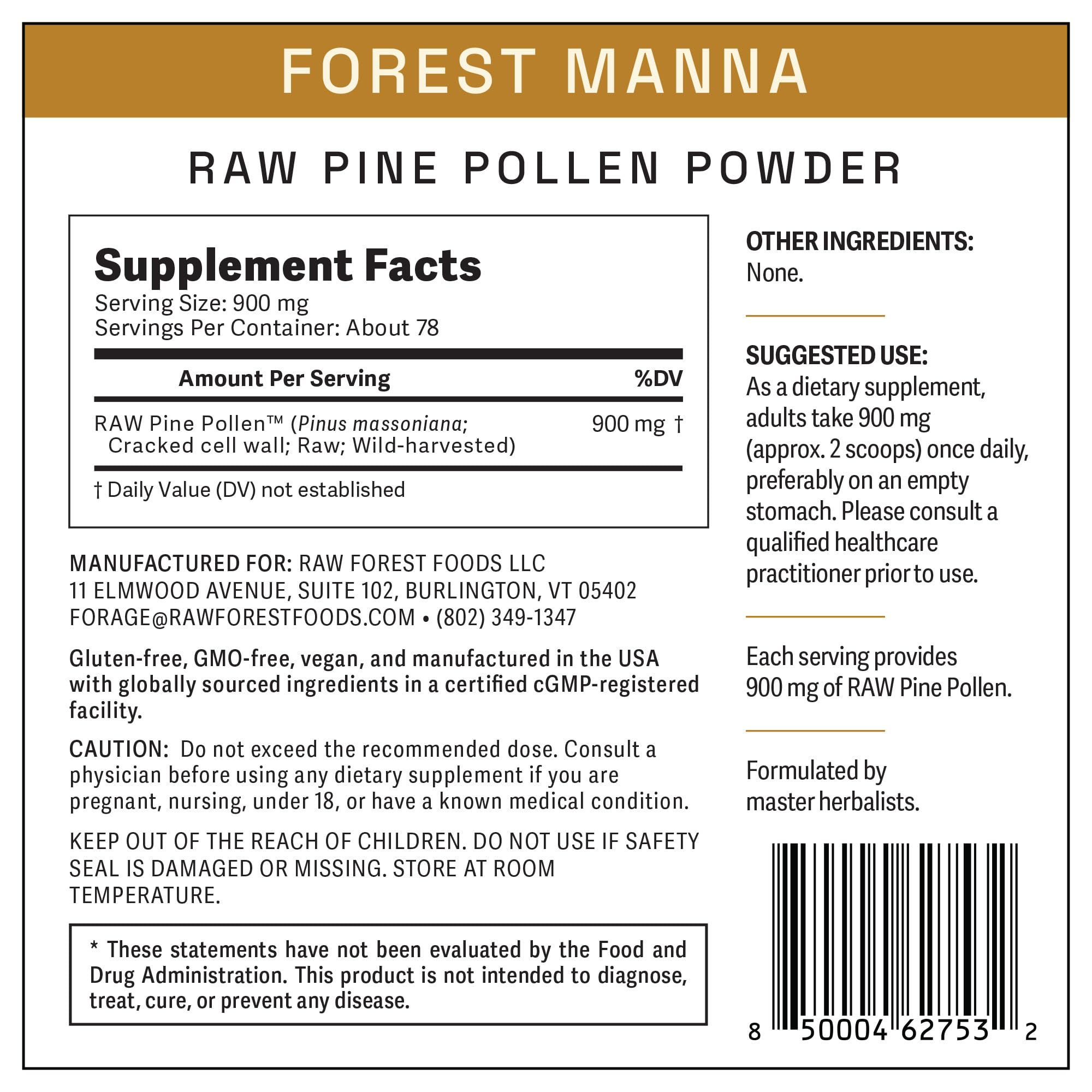 RAW Forest Foods pine pollen bottle with cGMP facility stamp and safety cue