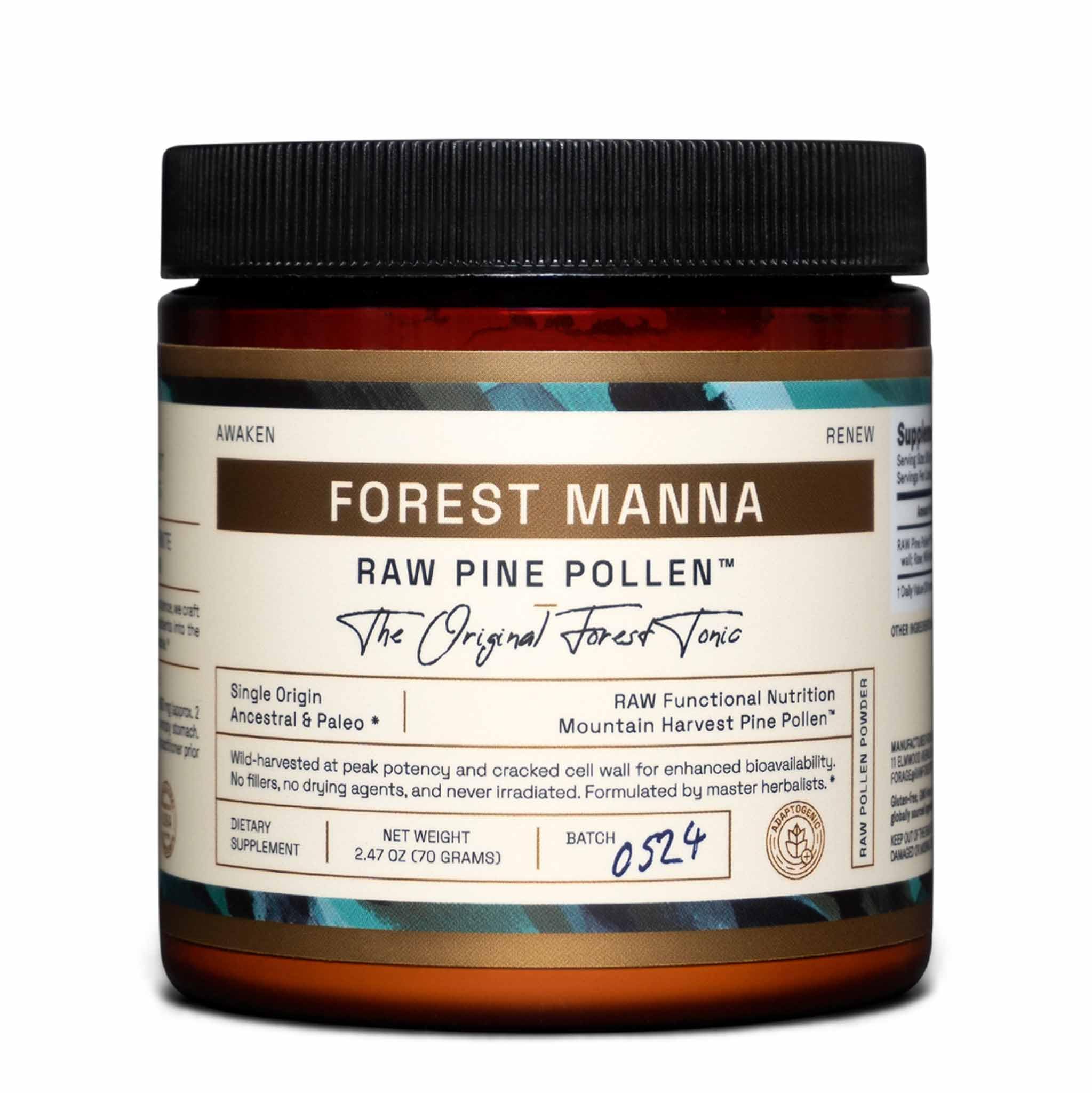 RAW Forest Foods Forest Manna Pine Pollen Powder jar highlights purity for daily vitality