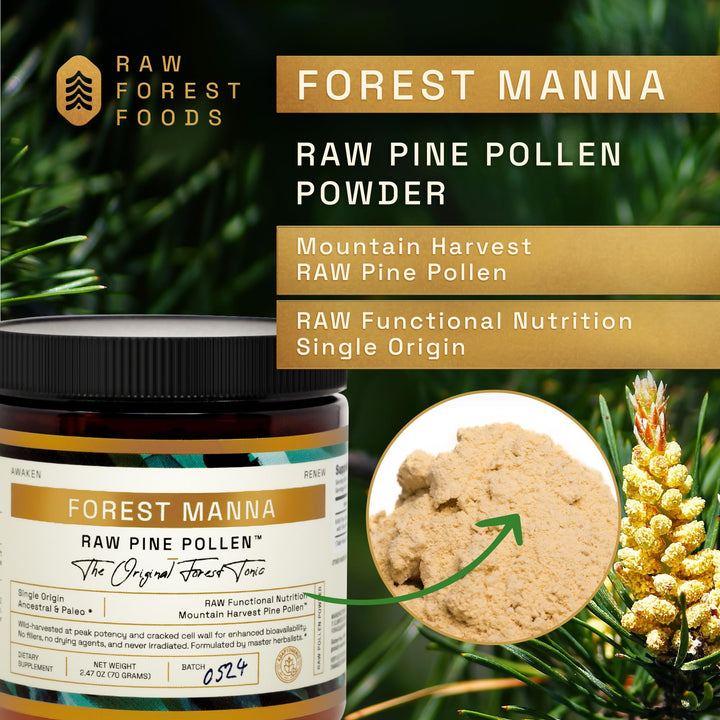 Pouring RAW Forest Foods Forest Manna Pine Pollen Powder into a glass for easy mix