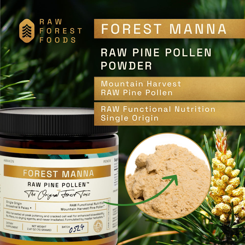 Pouring RAW Forest Foods Forest Manna Pine Pollen Powder into a glass for easy mix