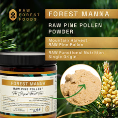 Pouring RAW Forest Foods Forest Manna Pine Pollen Powder into a glass for easy mix