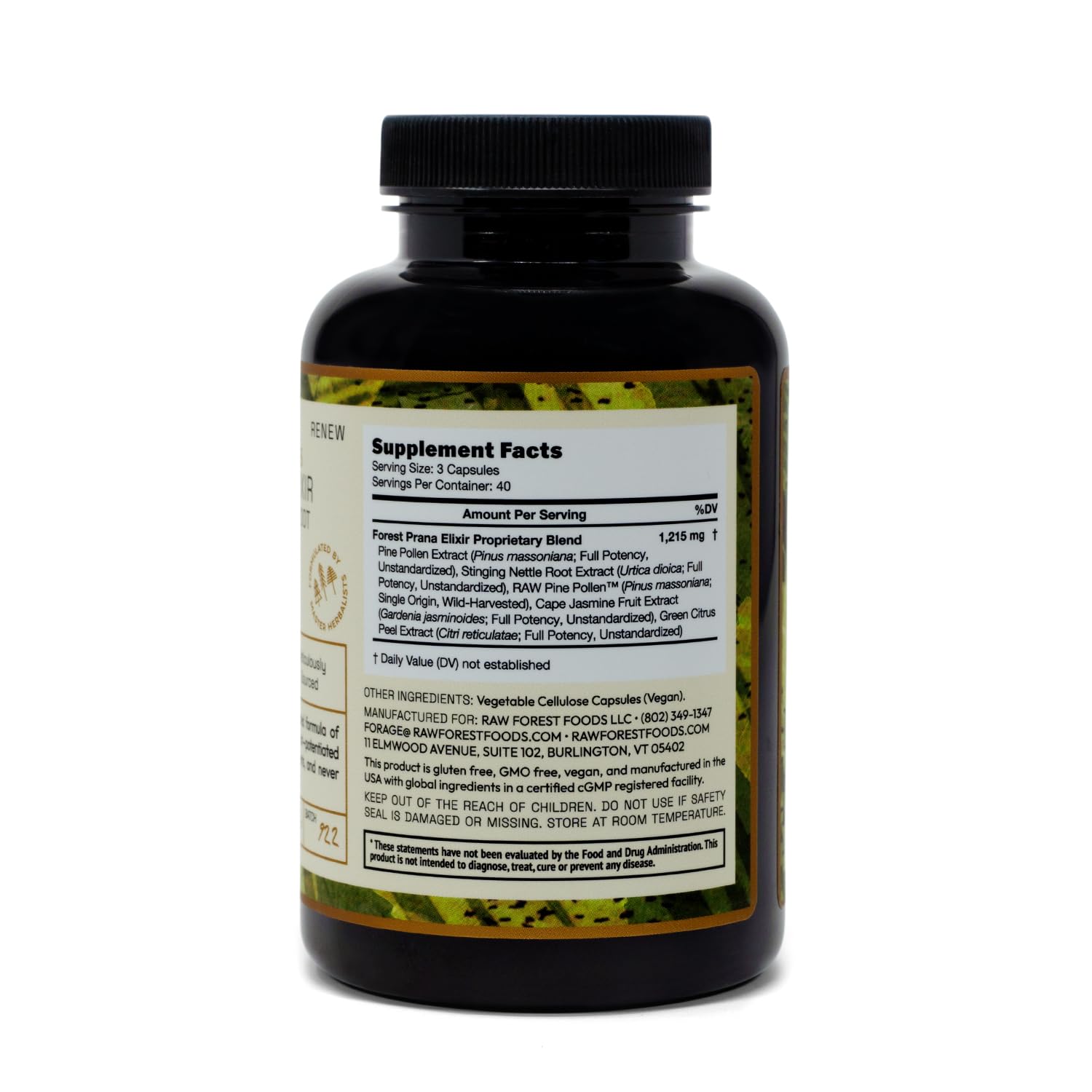 RAW Forest Foods single-origin Mountain Harvest Pine Pollen bottle supports potency