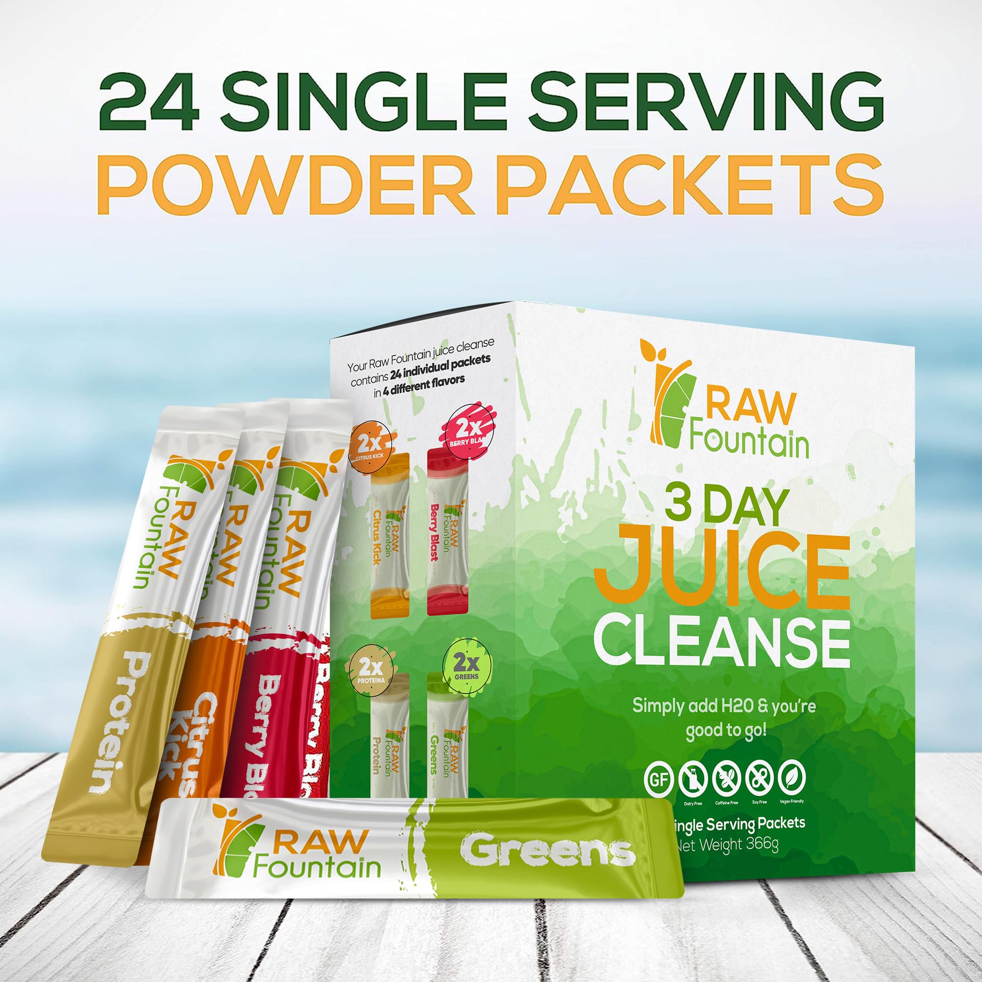 Raw Fountain 3 Day Juice Cleanse packets collection highlights compact vegan cleanse