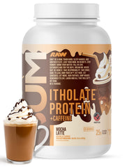 RAW Itholate Mocha Latte protein bottle shows premium formula and caffeine boost for workouts.